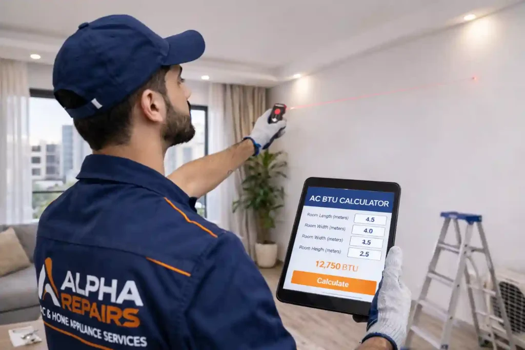 AC technician measuring room size for BTU calculation before AC installation in Abu Dhabi