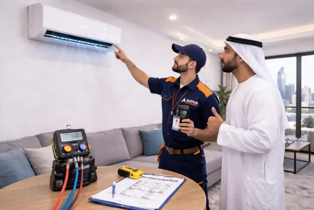 HVAC technician testing airflow of newly installed split AC with homeowner in Abu Dhabi