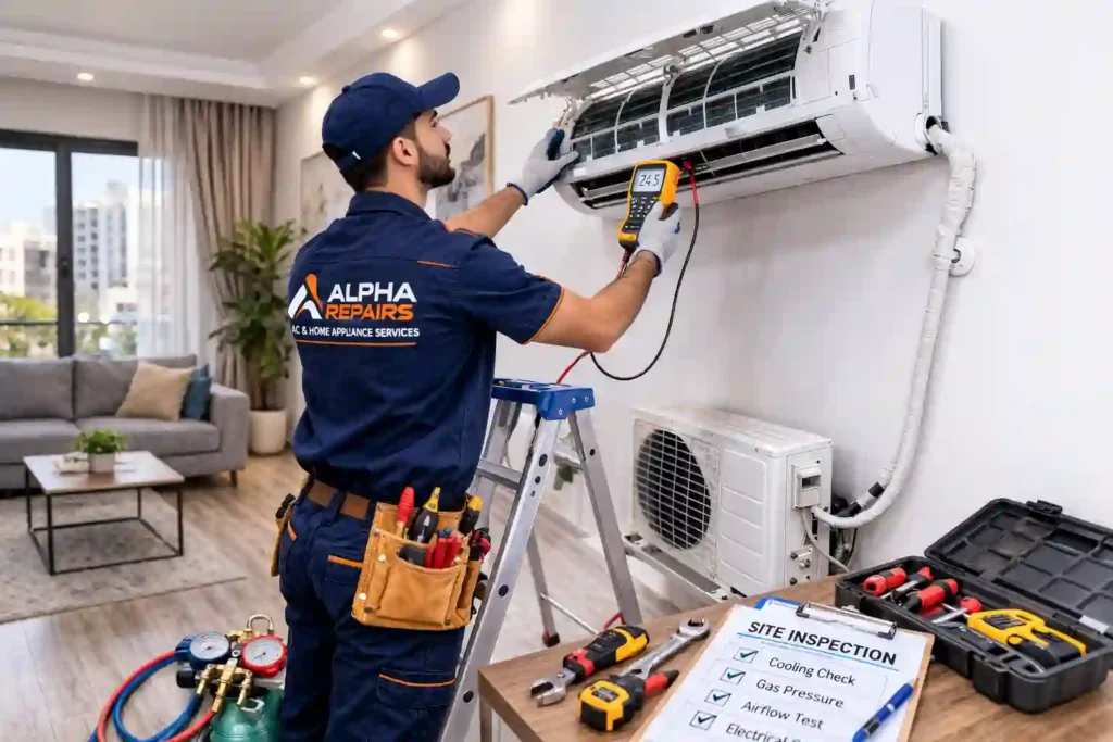 AC technician performing site inspection before installation in Abu Dhabi