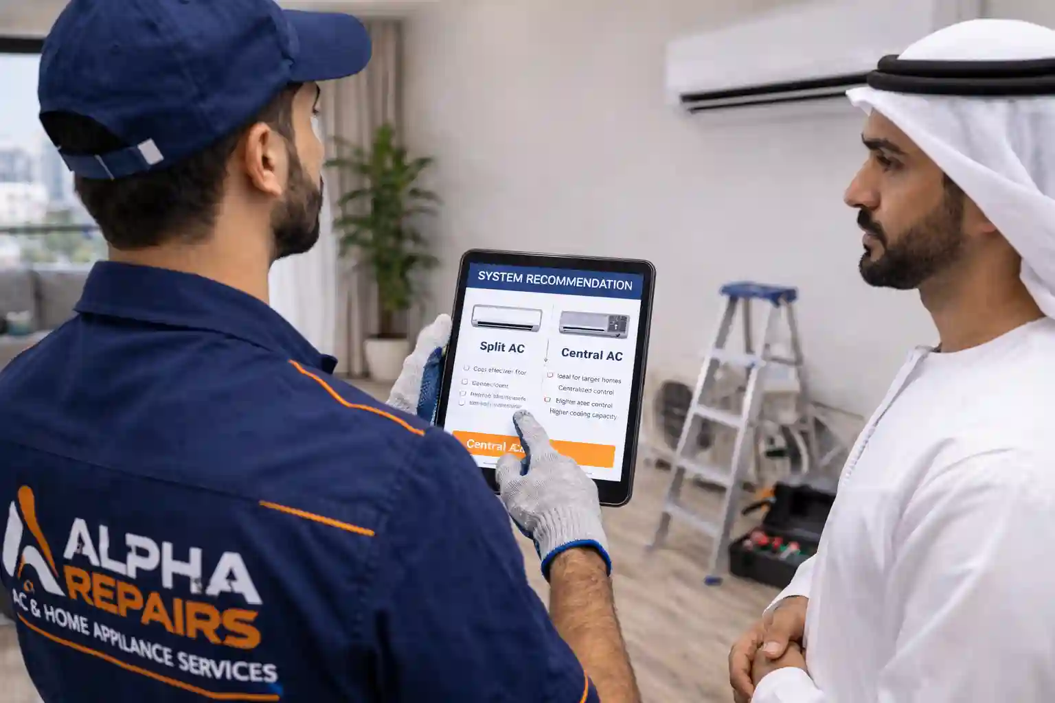 AC technician explaining split and central AC system recommendation in Abu Dhabi