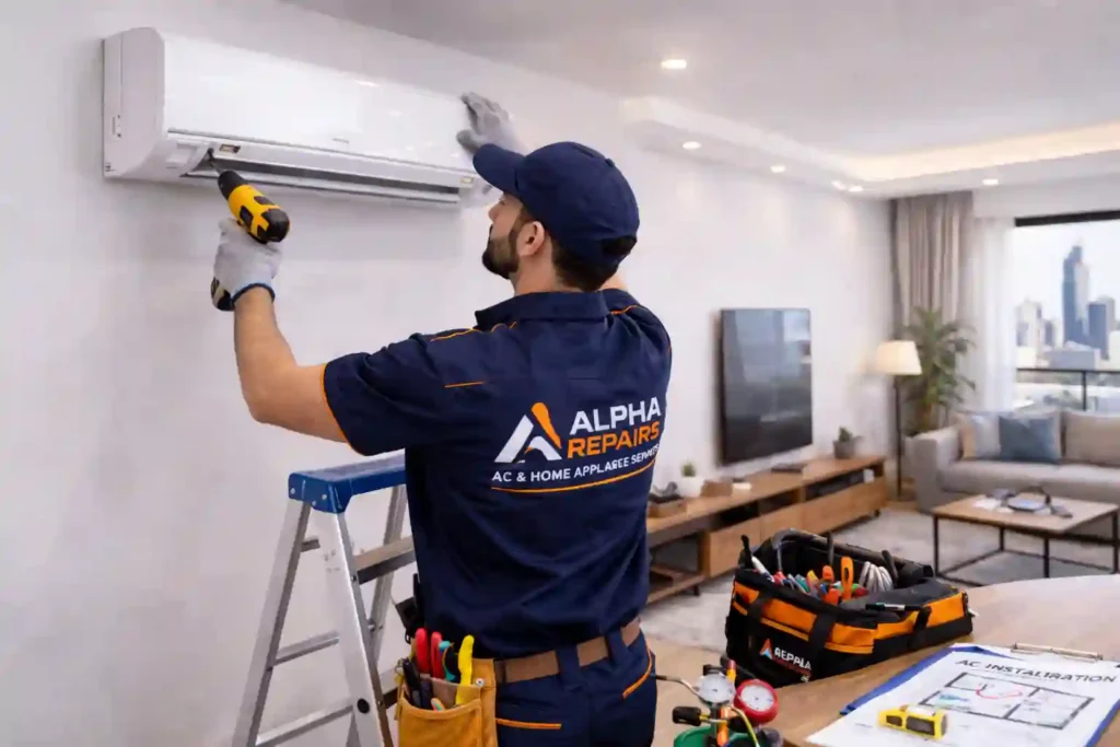 Professional AC installation technician working on split air conditioner in Abu Dhabi