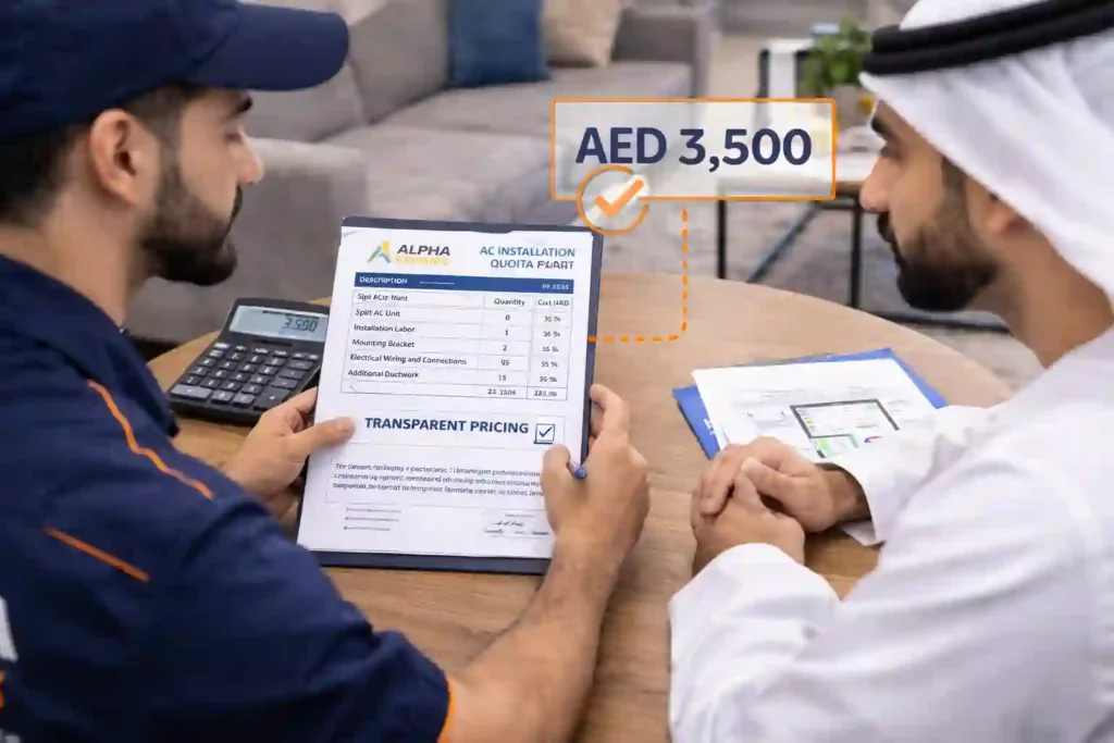 HVAC technician explaining AC installation quotation to a customer in Abu Dhabi