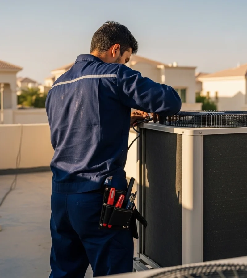 HVAC technician repairing outdoor AC unit on rooftop in Abu Dhabi