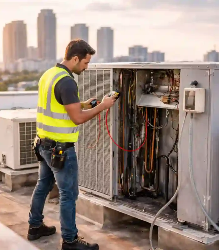 AC installation technician working on rooftop unit in Abu Dhabi