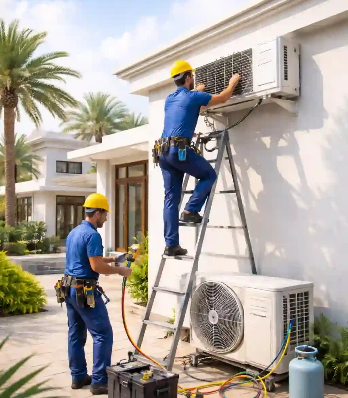 Professional AC technicians installing split air conditioner in Abu Dhabi villa