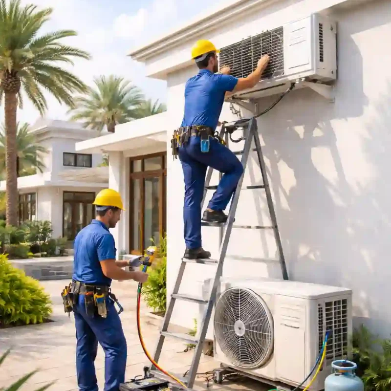 Professional AC technicians installing split air conditioner in Abu Dhabi villa