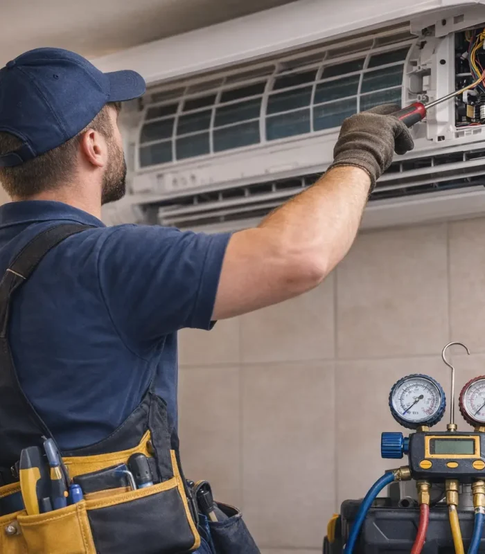 AC technician repairing a wall-mounted split air conditioning unit in Abu Dhabi home