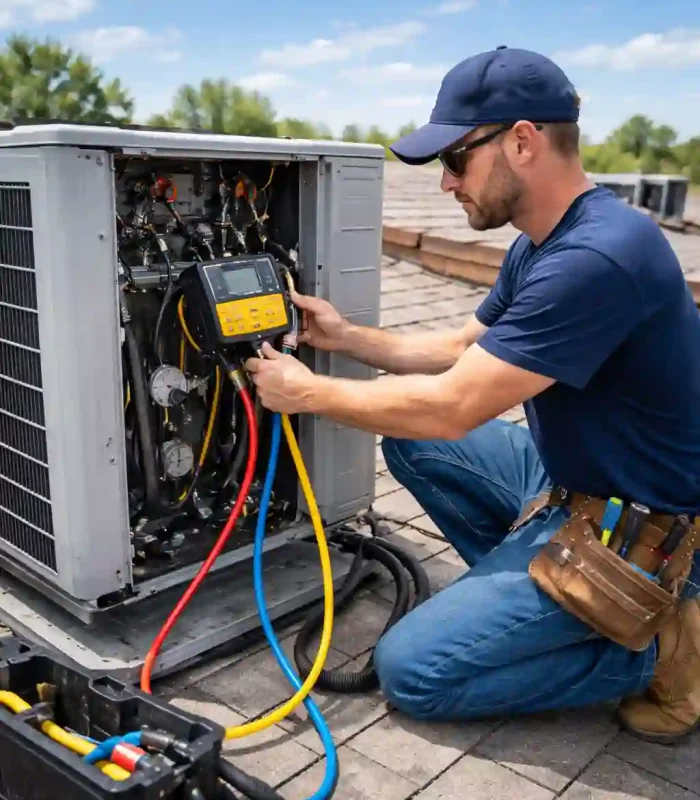 Technician repairing rooftop air conditioning unit during AC repair service in Abu Dhabi