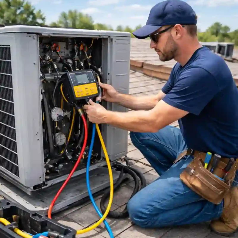 Technician repairing rooftop air conditioning unit during AC repair service in Abu Dhabi
