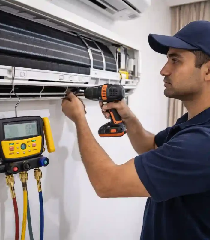Technician repairing split air conditioner unit during AC repair service in Abu Dhabi