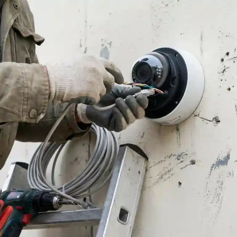Technician installing CCTV camera on villa wall in Abu Dhabi