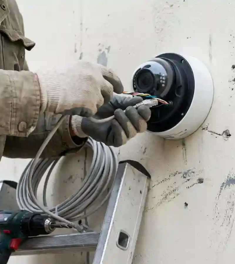 Technician installing CCTV camera on villa wall in Abu Dhabi