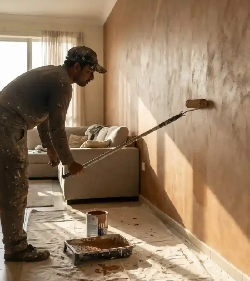 Professional painter applying decorative wall paint in Abu Dhabi home