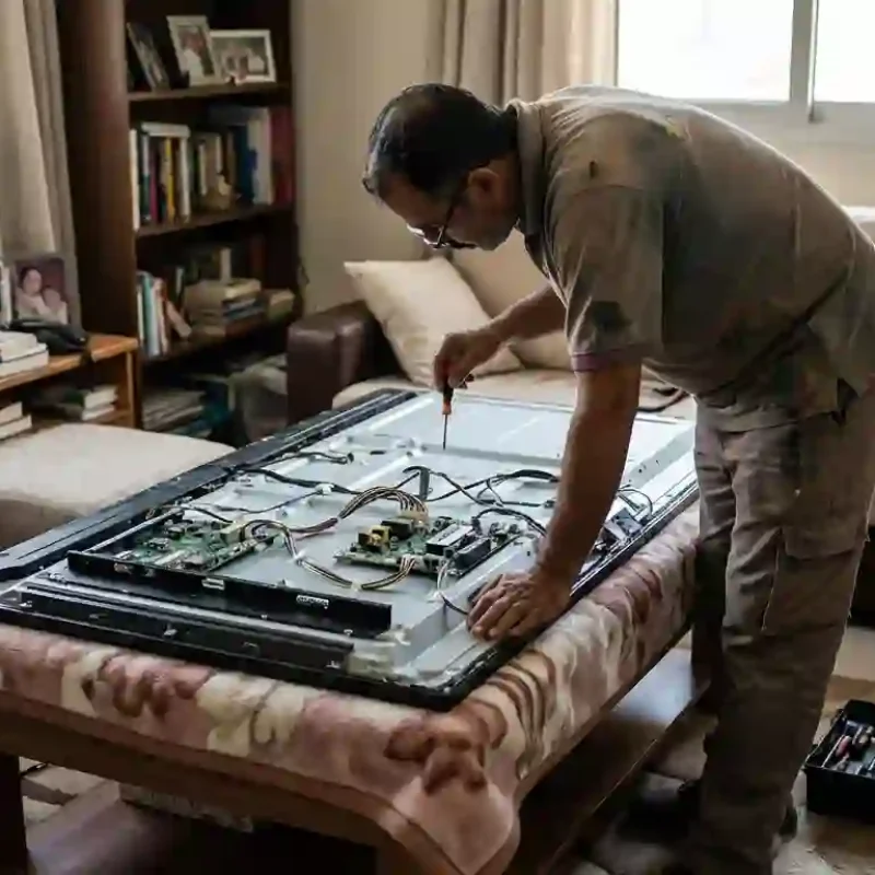 Technician repairing LED TV in Abu Dhabi home