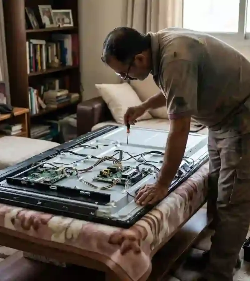 Technician repairing LED TV in Abu Dhabi home