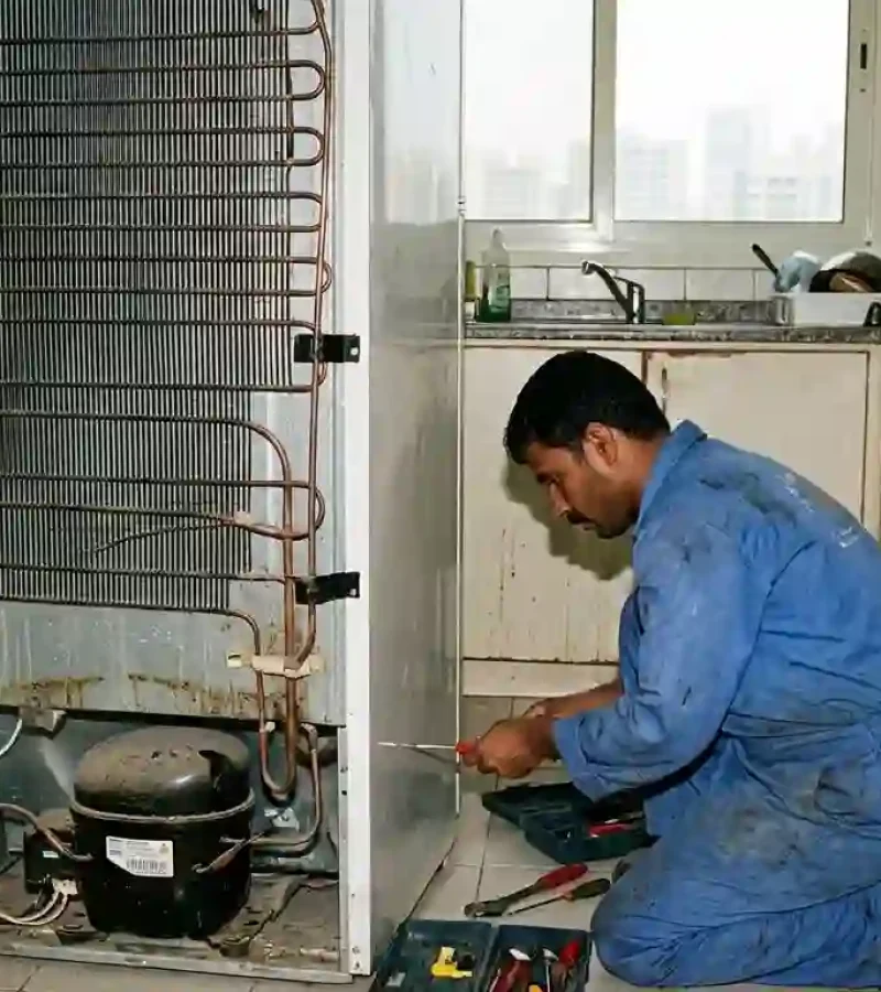 Appliance technician repairing refrigerator in Abu Dhabi home