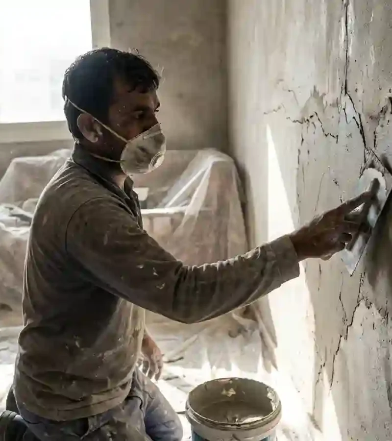 Worker repairing cracked wall plaster in Abu Dhabi home